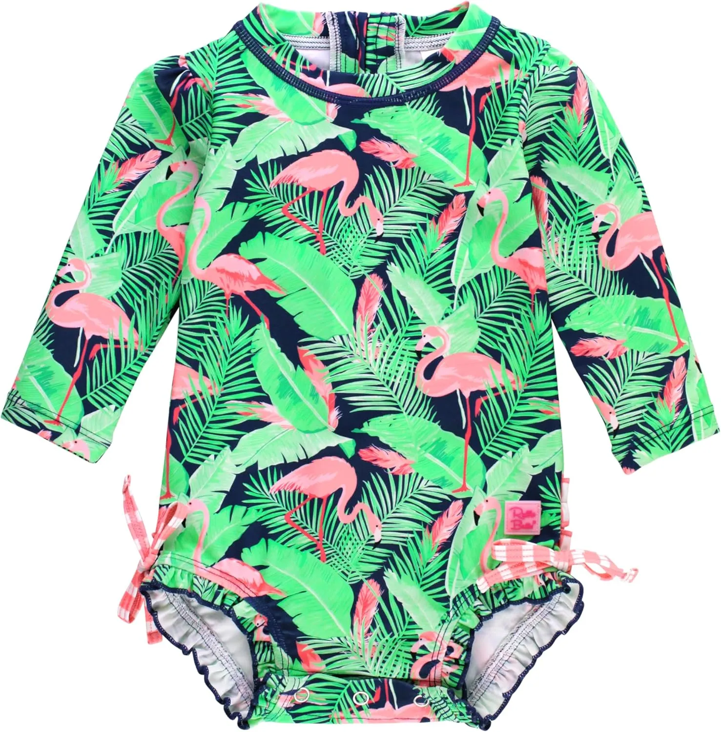 RuffleButts Baby Girls UPF 50  Sun Protection Tropical Print Long Sleeve One Piece Rash Guard Swimsuit with Zipper