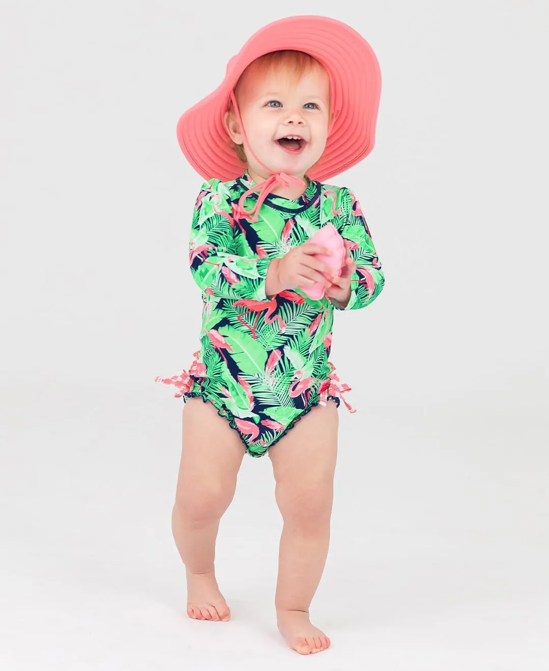 RuffleButts Baby Girls UPF 50  Sun Protection Tropical Print Long Sleeve One Piece Rash Guard Swimsuit with Zipper