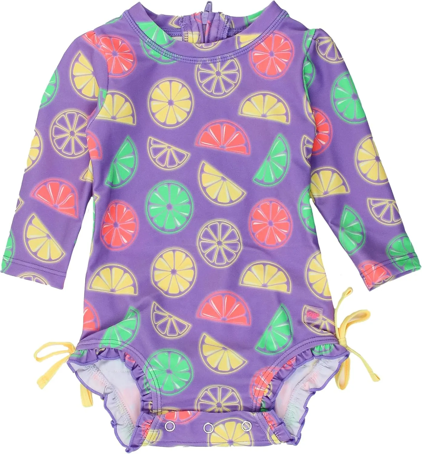 RuffleButts Baby Girls UPF 50  Sun Protection Tropical Print Long Sleeve One Piece Rash Guard Swimsuit with Zipper
