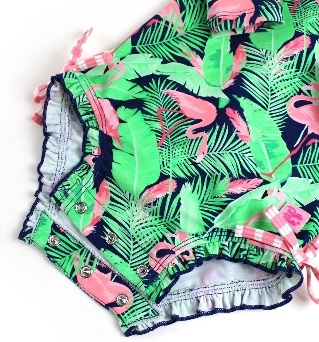 RuffleButts Baby Girls UPF 50  Sun Protection Tropical Print Long Sleeve One Piece Rash Guard Swimsuit with Zipper