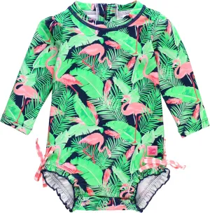 RuffleButts Baby Girls UPF 50  Sun Protection Tropical Print Long Sleeve One Piece Rash Guard Swimsuit with Zipper