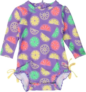 RuffleButts Baby Girls UPF 50  Sun Protection Tropical Print Long Sleeve One Piece Rash Guard Swimsuit with Zipper
