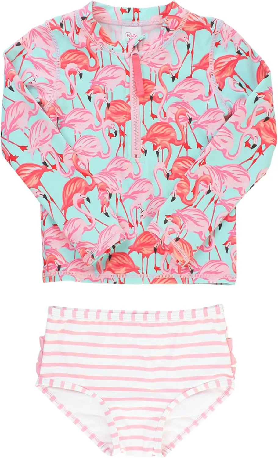 RuffleButts® Baby/Toddler Girls Long Sleeve Rash Guard 2 Piece Swimsuit Set w/UPF 50  Sun Protection with Zipper