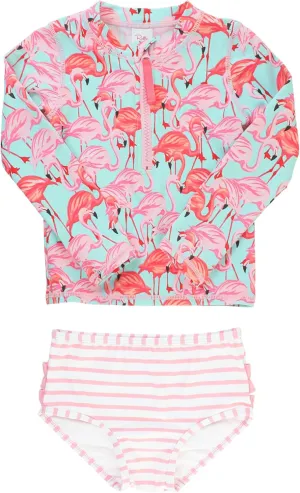 RuffleButts® Baby/Toddler Girls Long Sleeve Rash Guard 2 Piece Swimsuit Set w/UPF 50  Sun Protection with Zipper