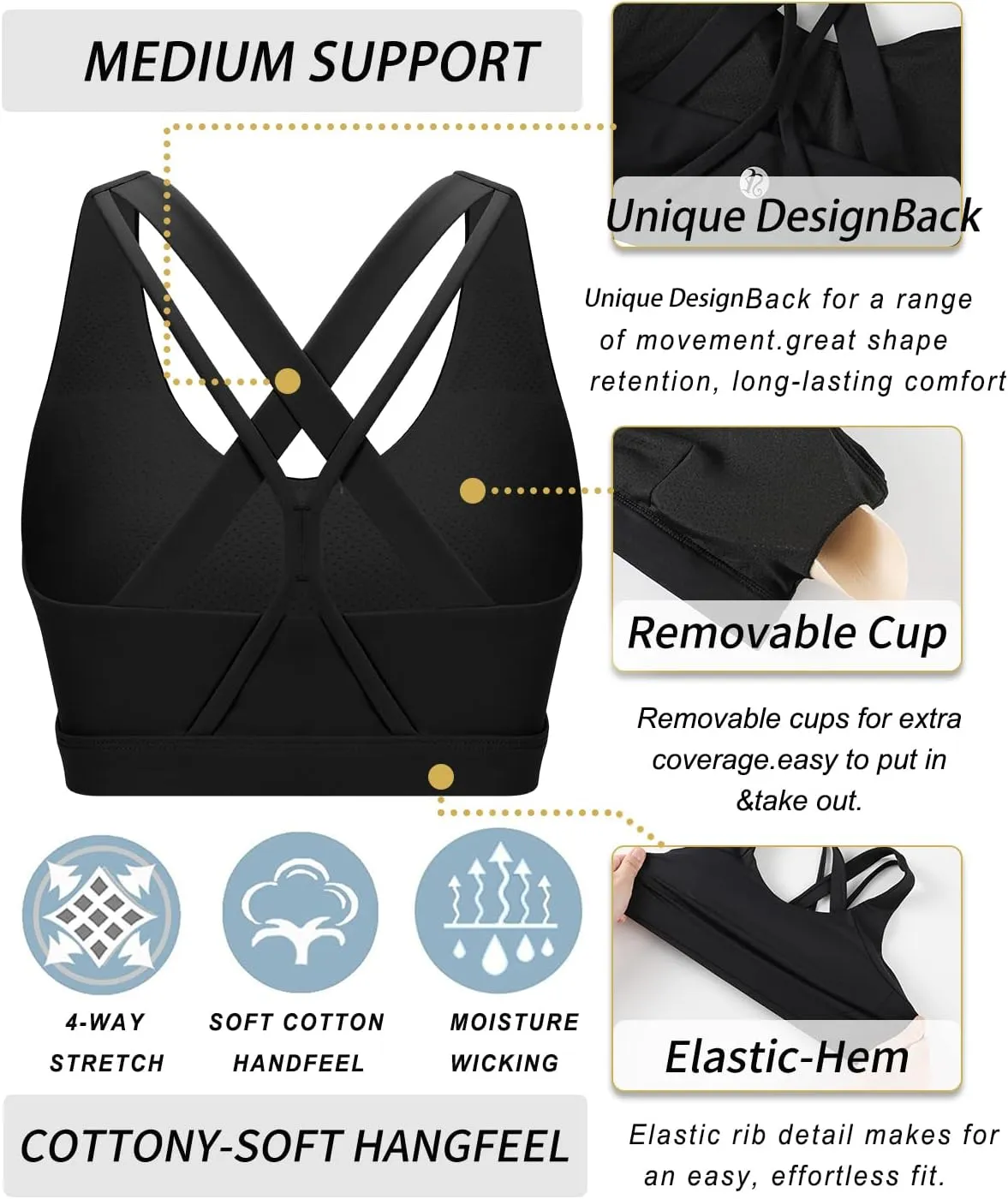 RUNNING GIRL Sports Bra for Women, Medium-High Support Criss-Cross Back Strappy Padded Sports Bras Supportive Workout Tops