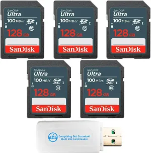 SanDisk 100MB/s SD Ultra 5-Pack Class 10 SDXC 128GB Memory Card SDSDUNR-128G-GN3IN - Bundle with 1 Everything But Stromboli Multi-Slot Memory Card Reader