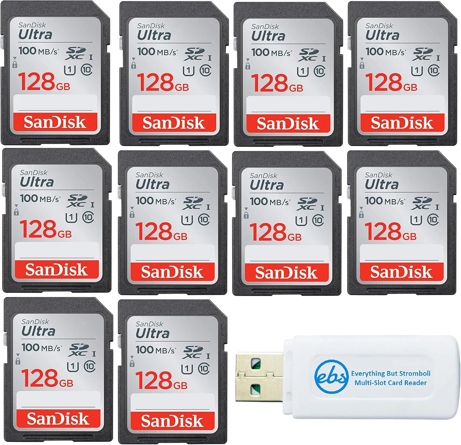 SanDisk 128GB Ultra - 10 Pack UHS-I Class 10 SD Flash Memory Card Retail (SDSDUNR-128G-GN6IN) - Bundle with (1) Everything But Stromboli Combo Card Reader