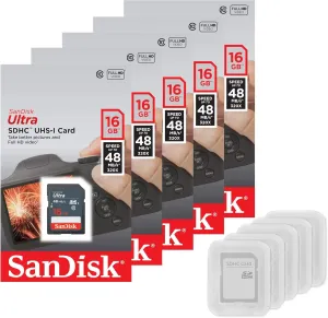 SanDisk 5 Pack Ultra 16GB SD SDHC Memory Flash Card UHS-I Class 10 Read Speed up to 48MB/s 320X SDSDUNB-016G-GN3IN Wholesale Lot   (5 Cases)