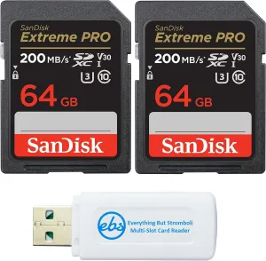 SanDisk 64GB SDXC SD Extreme Pro Memory Card (Two Pack) Works with Nikon D3500, D7500, D5600 Digital DSLR Camera 4K V30 U3 (SDSDXXU-064G-GN4IN) Plus (1) Everything But Stromboli Multi Slot Reader