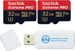 SanDisk Extreme PRO (UHS-1 U3 / V30) A1 32GB MicroSD Memory Card (2 Pack) for GoPro Hero9 Camera (Hero 9 Black) SDSQXCG-032G-GN6MA Bundle with (1) Everything But Stromboli SD & Micro SDHC Card Reader