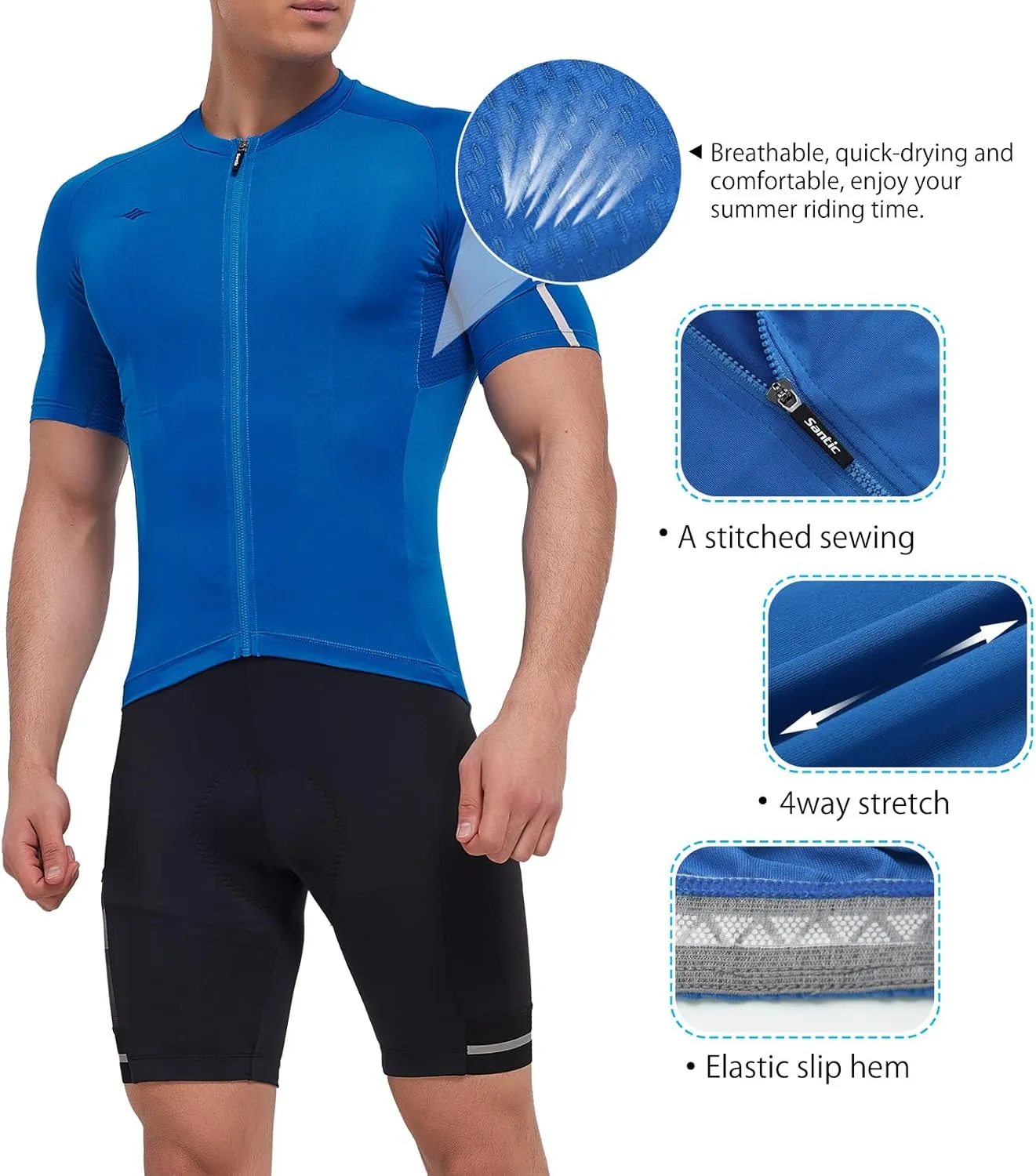 Santic Men's Cycling Jersey Short Sleeve Tops Pro Road Bike Shirt Full Zipper UPF 50  MTB Jersey with Pockets