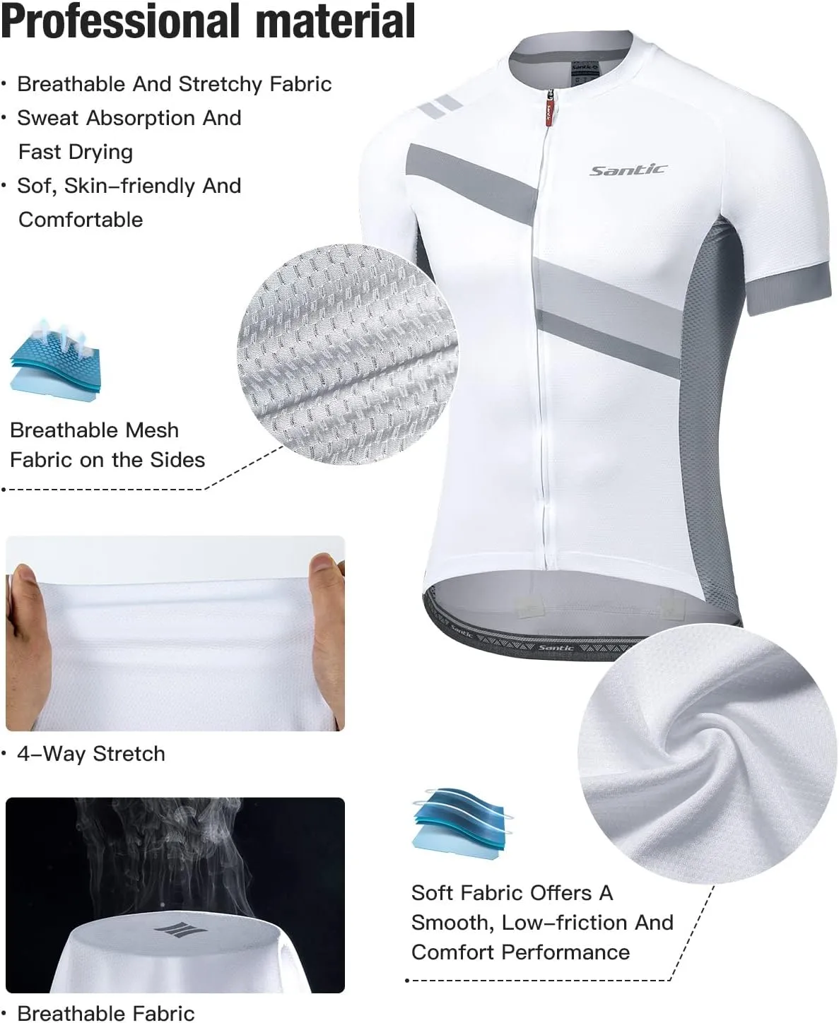 Santic Men's Cycling Jersey Shorts Sleeve Tops Pro Road Bike Bicycle Shirt Full Zip UPF 50  MTB Jersey with Pockets