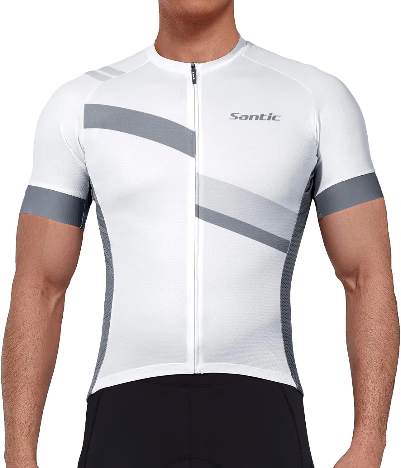 Santic Men's Cycling Jersey Shorts Sleeve Tops Pro Road Bike Bicycle Shirt Full Zip UPF 50  MTB Jersey with Pockets