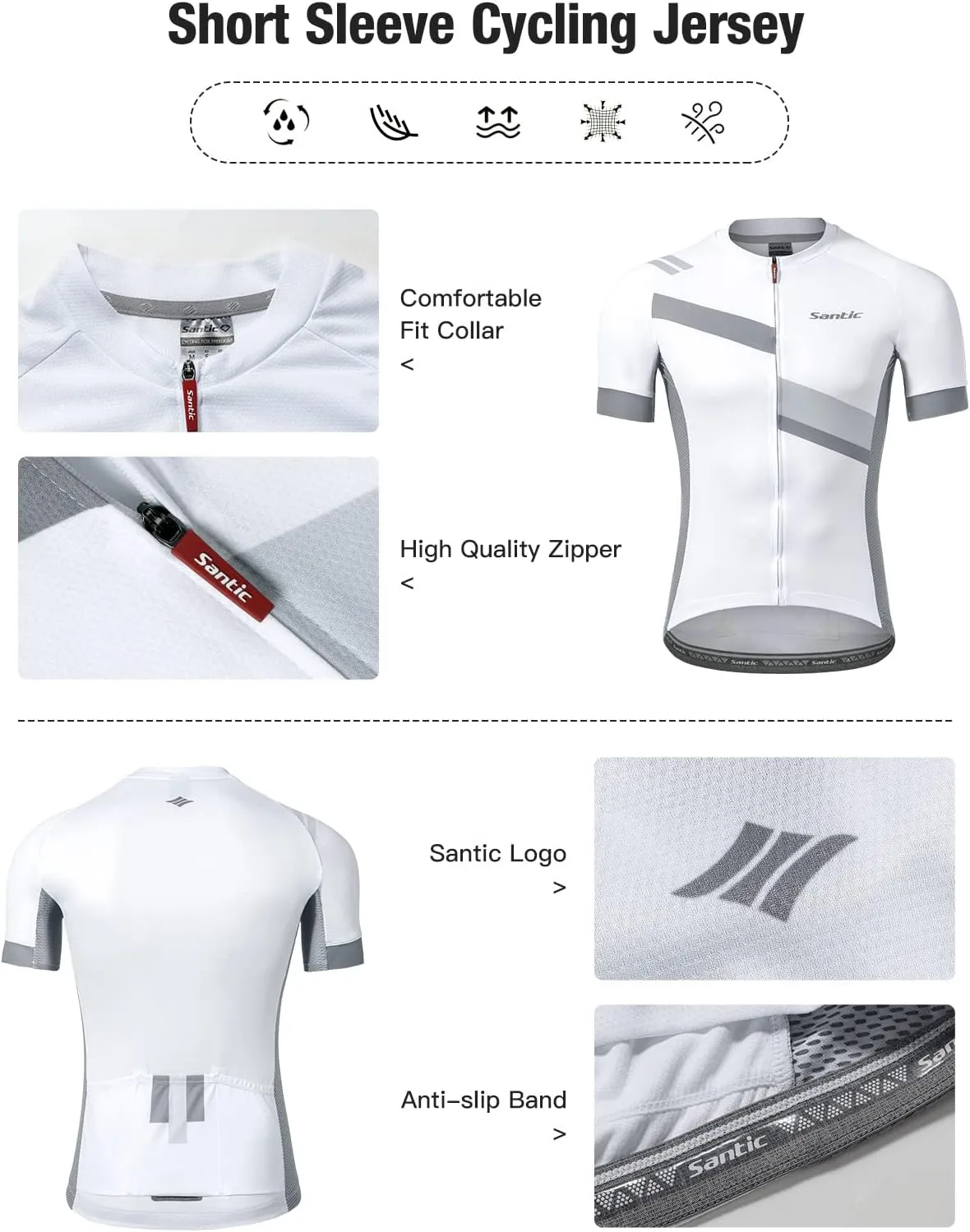 Santic Men's Cycling Jersey Shorts Sleeve Tops Pro Road Bike Bicycle Shirt Full Zip UPF 50  MTB Jersey with Pockets