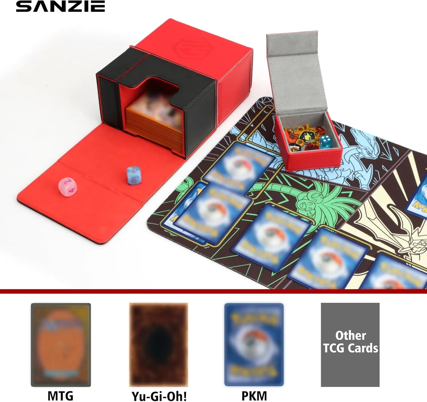 SANZIE Card Deck Box with Dice Tray for MTG Commander Deck Box fits 200  Single Sleeved Trading Cards PTCG TCG Deck for Magic Game Cards (Red&Grey)
