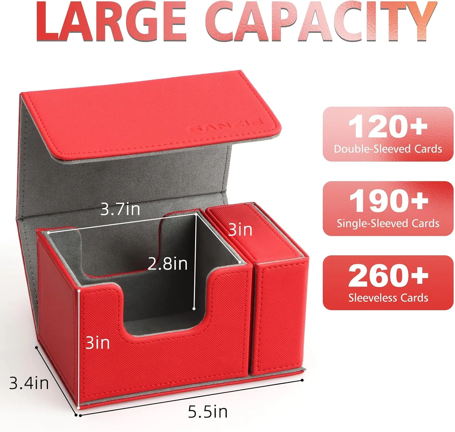 SANZIE Card Deck Box with Dice Tray for MTG Commander Deck Box fits 200  Single Sleeved Trading Cards PTCG TCG Deck for Magic Game Cards (Red&Grey)