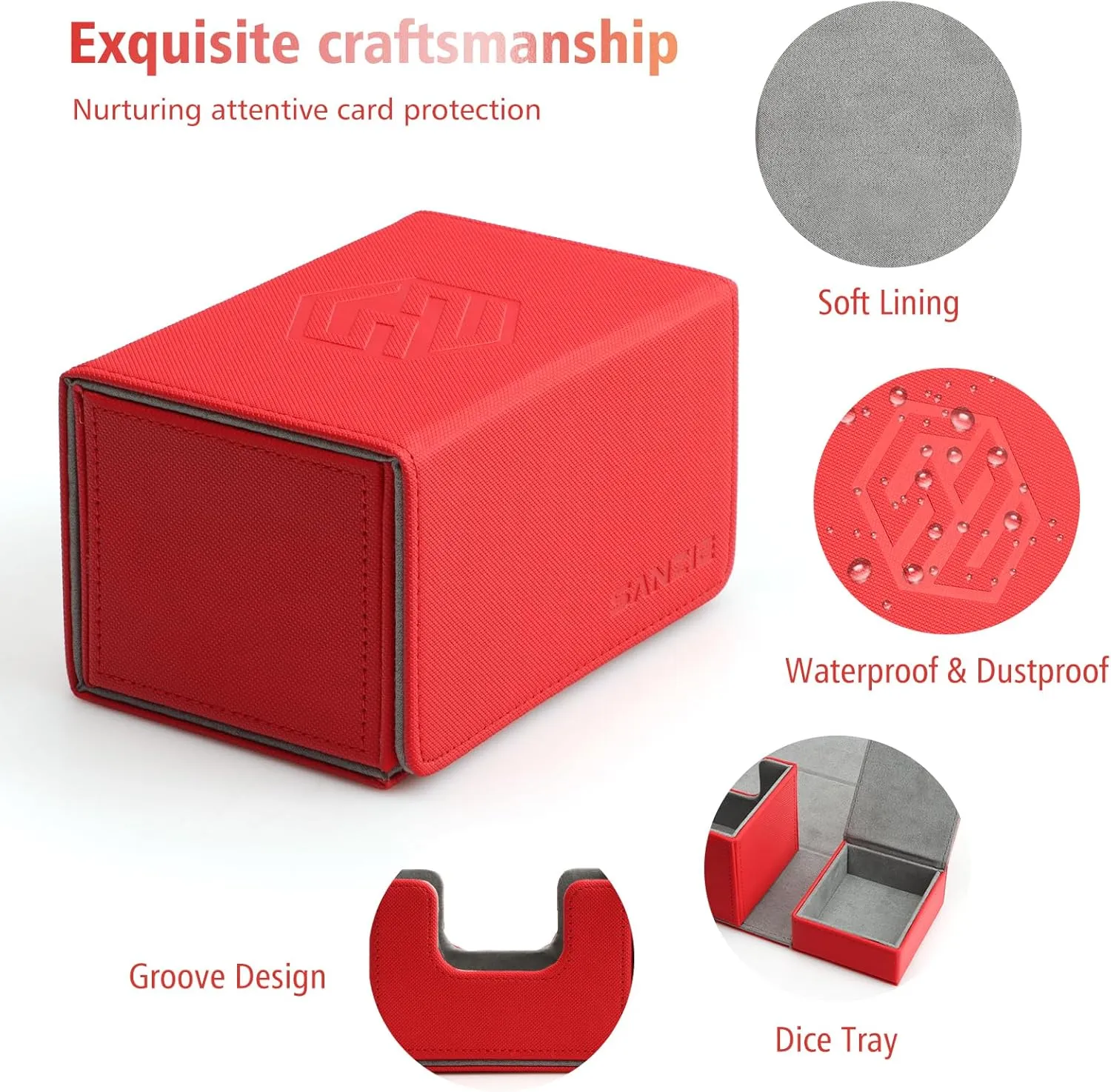 SANZIE Card Deck Box with Dice Tray for MTG Commander Deck Box fits 200  Single Sleeved Trading Cards PTCG TCG Deck for Magic Game Cards (Red&Grey)