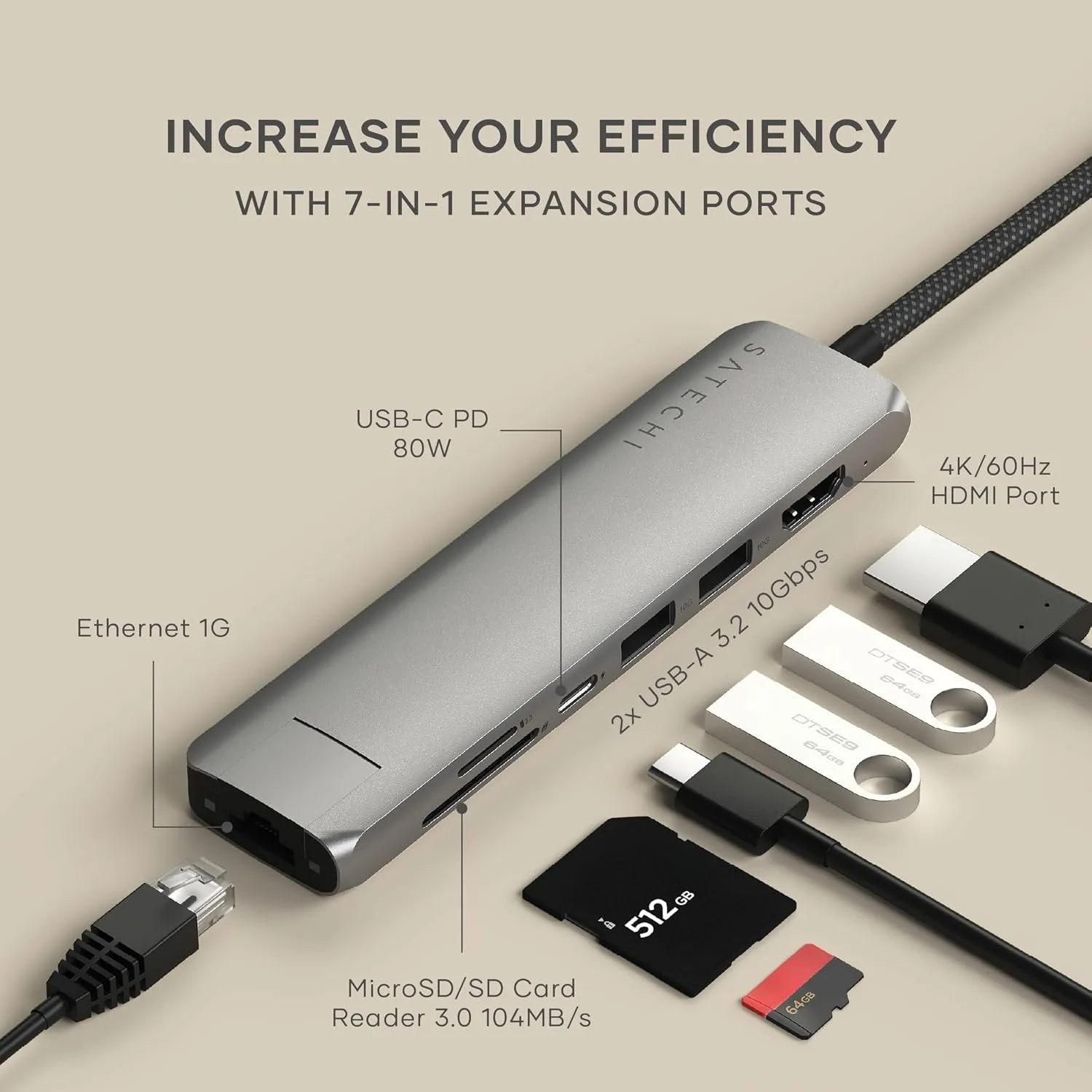 Satechi 7 in 1 USB C Hub Multiport Adapter with 4K HDMI, 100W PD Charging, 2X USB-A Data Ports, Micro/SD Card Readers for MacBook, Windows - Space Gray