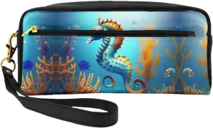Seabed coral seahorse Print Leather Small Makeup Bag â€“ Travel Toiletry Bag for Women, Reusable Cosmetic Pouch with Zipper