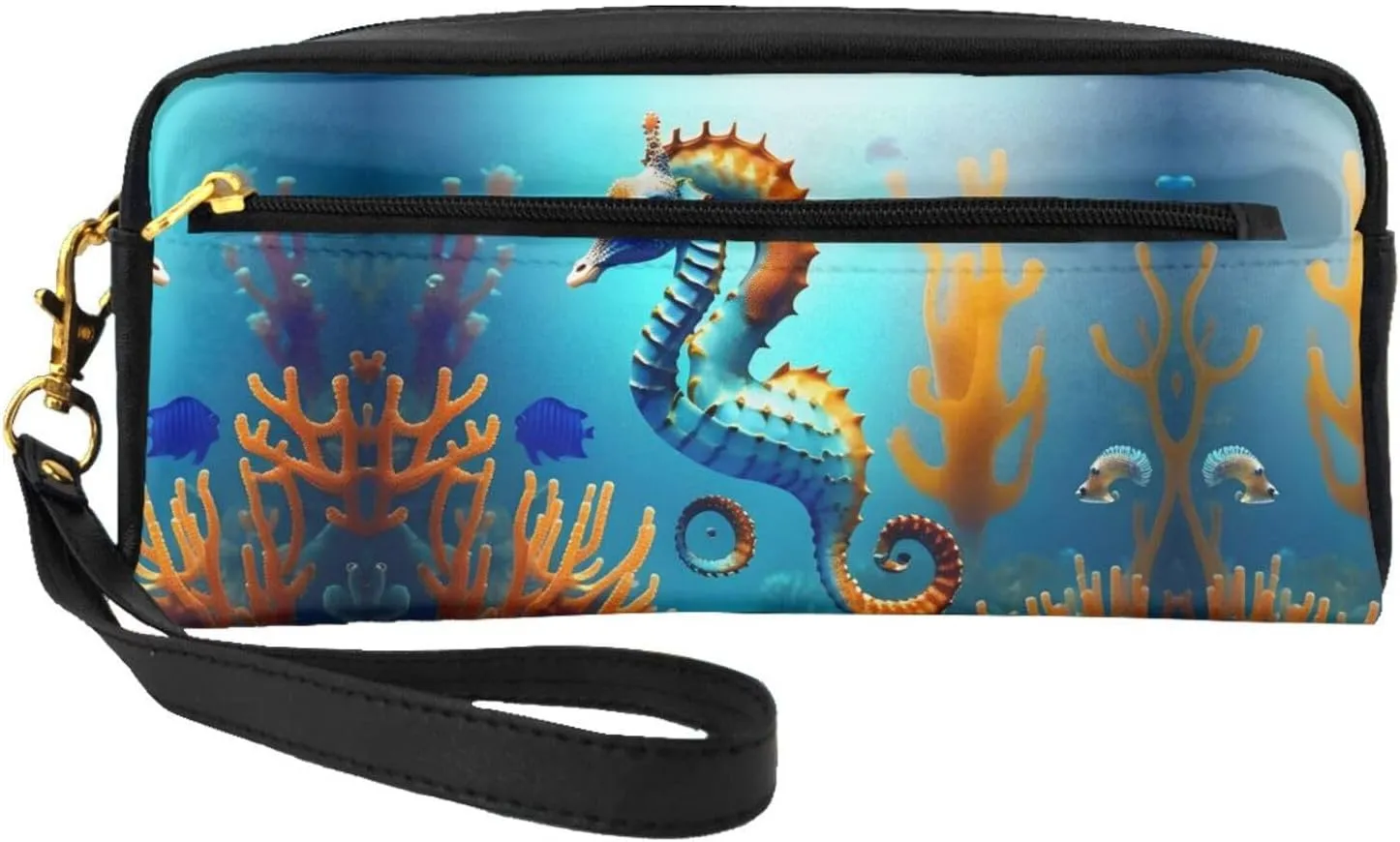 Seabed coral seahorse Print Leather Small Makeup Bag â€“ Travel Toiletry Bag for Women, Reusable Cosmetic Pouch with Zipper