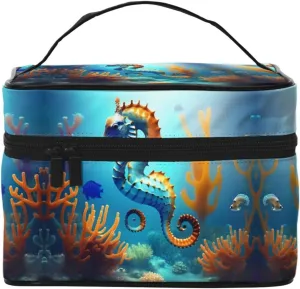 Seabed coral seahorse Women's travel cosmetic bag, (9x6.5x6.2 inches) portable large capacity cosmetic bag, large cosmetic bag storage bag for girls