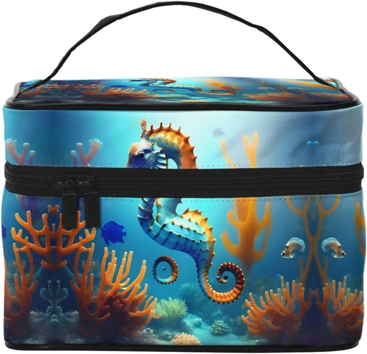 Seabed coral seahorse Women's travel cosmetic bag, (9x6.5x6.2 inches) portable large capacity cosmetic bag, large cosmetic bag storage bag for girls