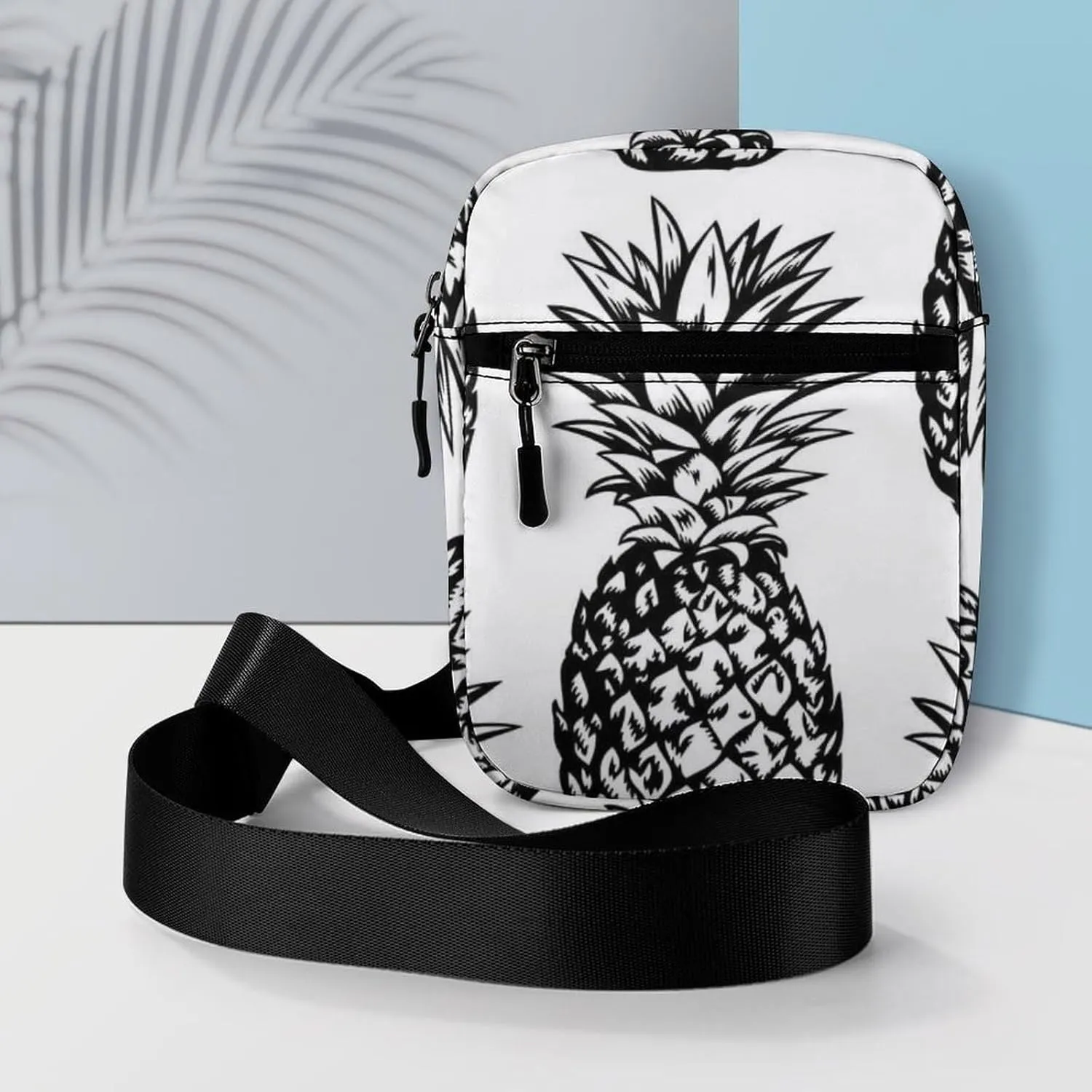 Seamless Black Hand Drawn Pineapples on White Adjustable Fanny Waist Pack Pouch, Waterproof Crossbody Runners Bag Wallet for Gym Hiking Fitness Women Men 6.1 x 2.2 x 7.9 inch