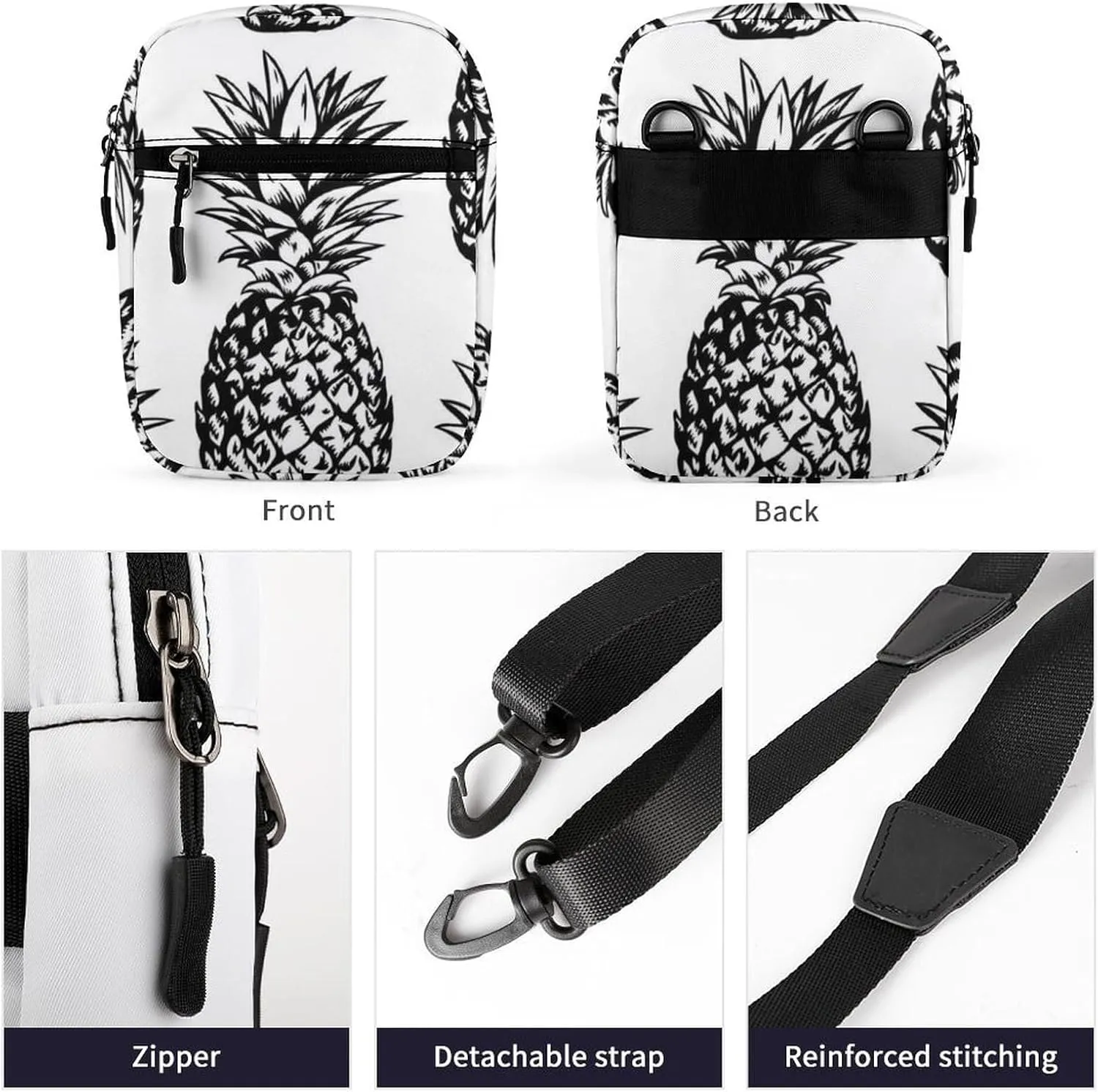 Seamless Black Hand Drawn Pineapples on White Adjustable Fanny Waist Pack Pouch, Waterproof Crossbody Runners Bag Wallet for Gym Hiking Fitness Women Men 6.1 x 2.2 x 7.9 inch