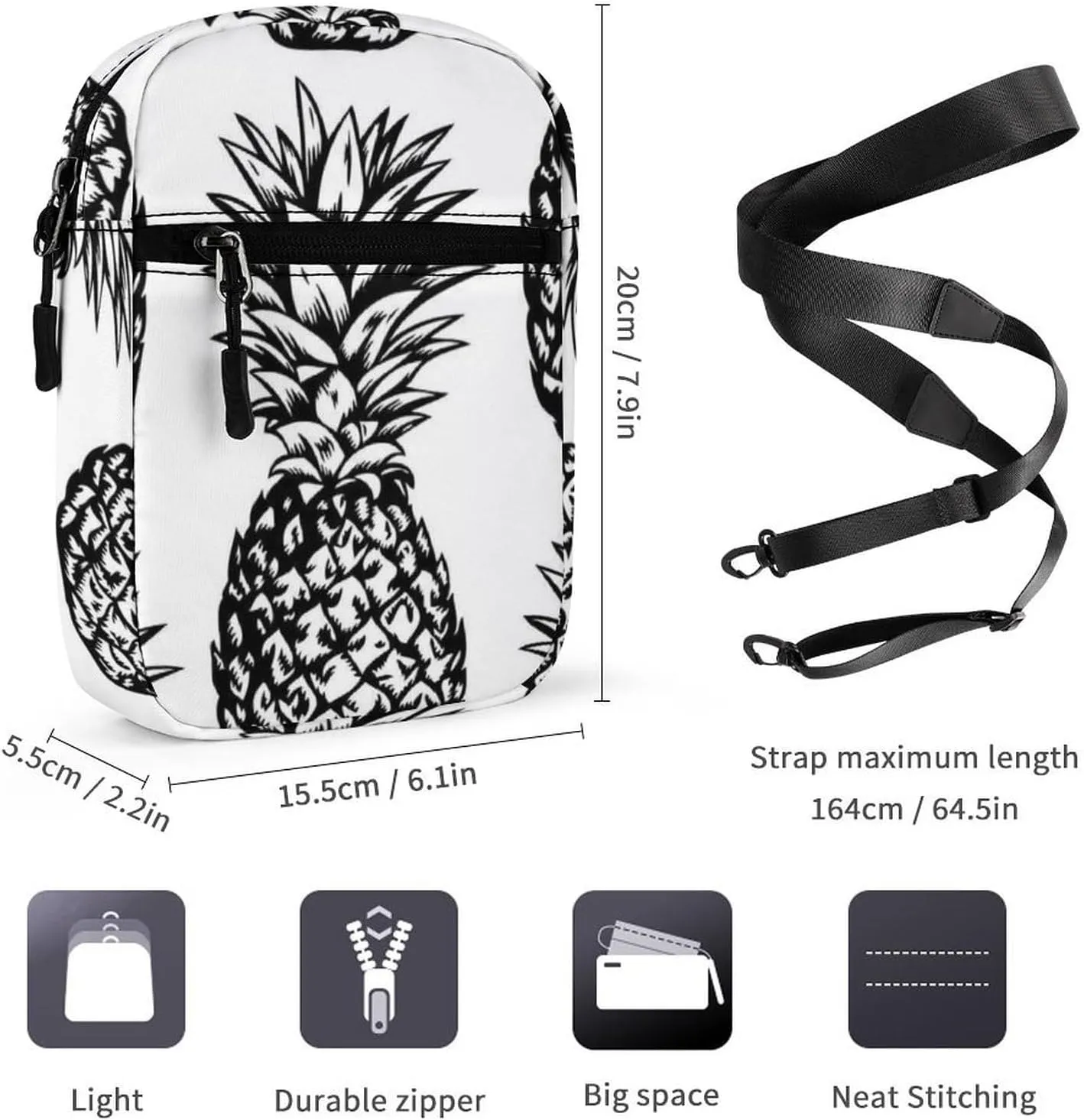 Seamless Black Hand Drawn Pineapples on White Adjustable Fanny Waist Pack Pouch, Waterproof Crossbody Runners Bag Wallet for Gym Hiking Fitness Women Men 6.1 x 2.2 x 7.9 inch