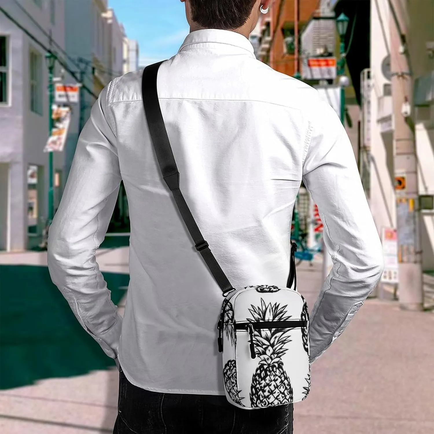 Seamless Black Hand Drawn Pineapples on White Adjustable Fanny Waist Pack Pouch, Waterproof Crossbody Runners Bag Wallet for Gym Hiking Fitness Women Men 6.1 x 2.2 x 7.9 inch
