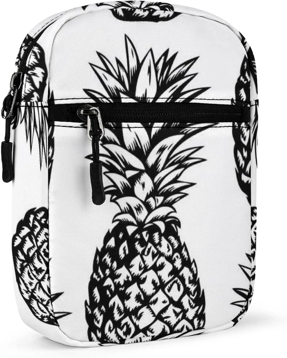 Seamless Black Hand Drawn Pineapples on White Adjustable Fanny Waist Pack Pouch, Waterproof Crossbody Runners Bag Wallet for Gym Hiking Fitness Women Men 6.1 x 2.2 x 7.9 inch
