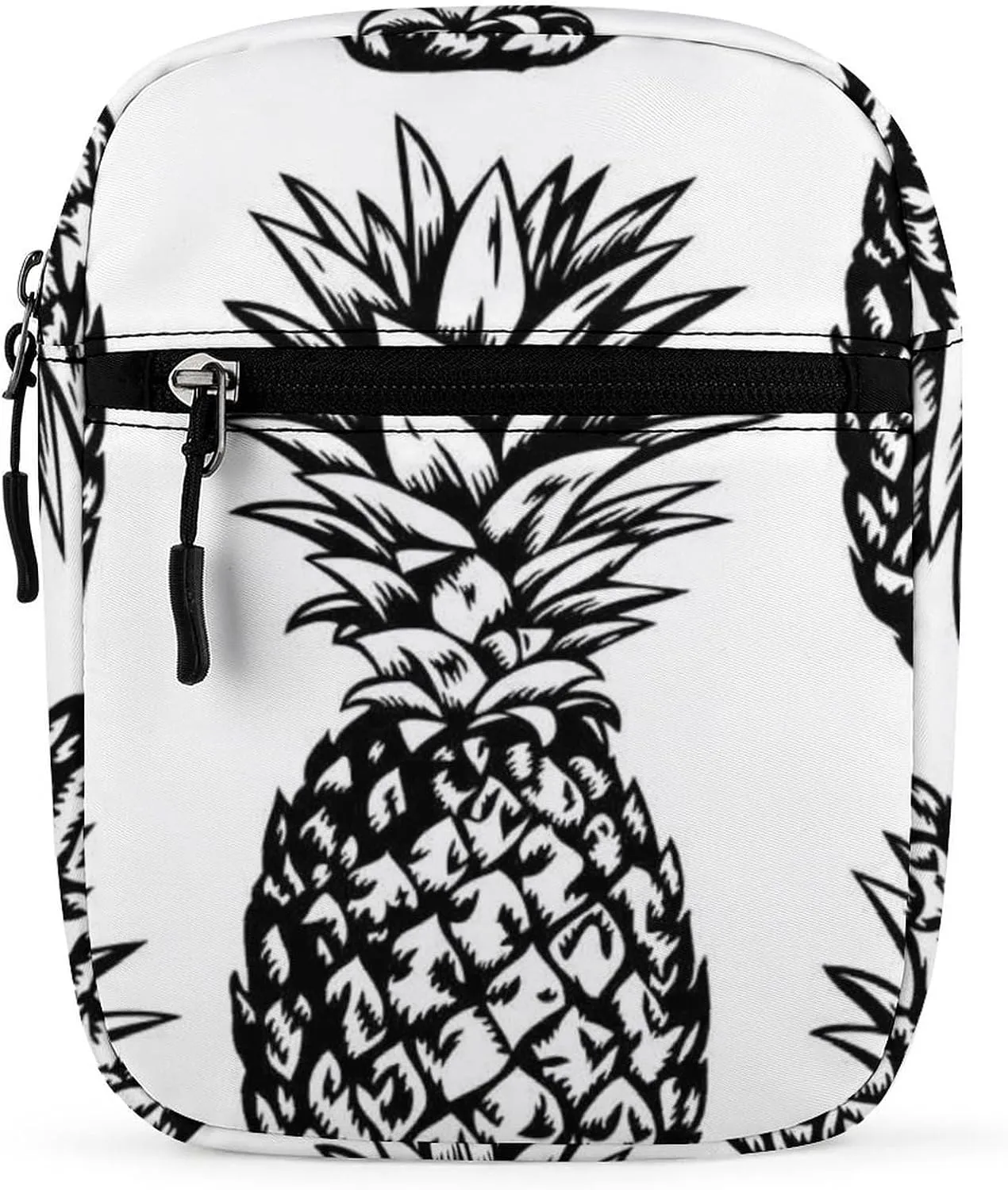 Seamless Black Hand Drawn Pineapples on White Adjustable Fanny Waist Pack Pouch, Waterproof Crossbody Runners Bag Wallet for Gym Hiking Fitness Women Men 6.1 x 2.2 x 7.9 inch