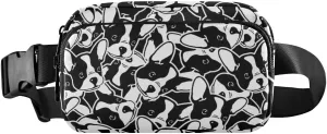 Seamless Black White Doodle Dog Head French Bulldog Puppy Face Adjustable Belt Running Bag, Crossbody Fanny Pack Waist Runners Bag Tote for Women Men Sports Hiking Fitness Exercise Gym Pouch