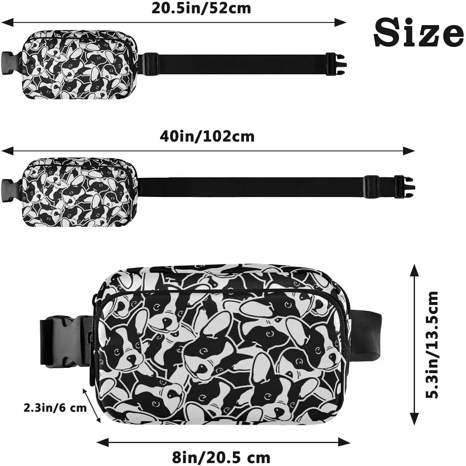 Seamless Black White Doodle Dog Head French Bulldog Puppy Face Adjustable Belt Running Bag, Crossbody Fanny Pack Waist Runners Bag Tote for Women Men Sports Hiking Fitness Exercise Gym Pouch