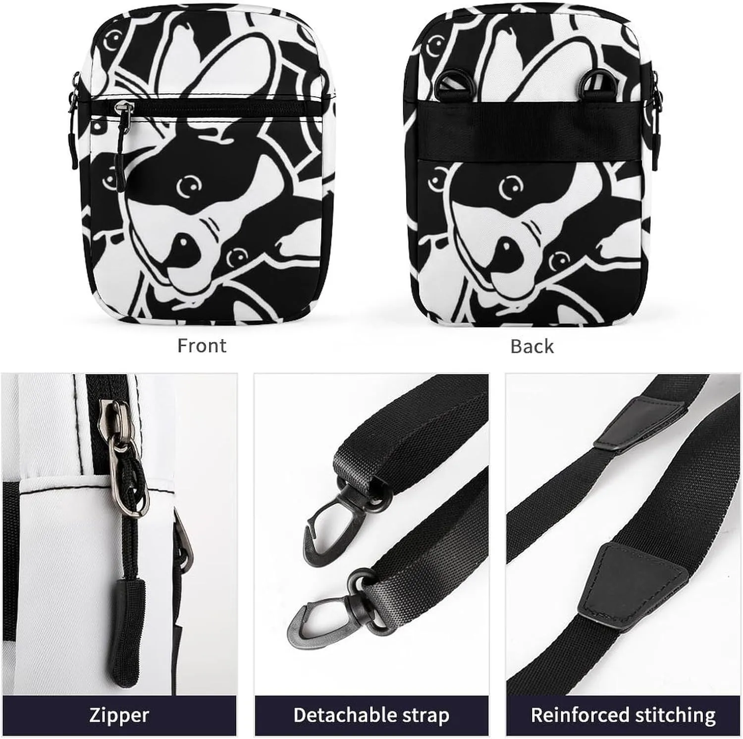 Seamless Black White Doodle Dog Head French Bulldog Puppy Face Adjustable Fanny Waist Pack Pouch, Waterproof Crossbody Runners Bag Wallet for Gym Hiking Fitness Women Men 6.1 x 2.2 x 7.9 inch