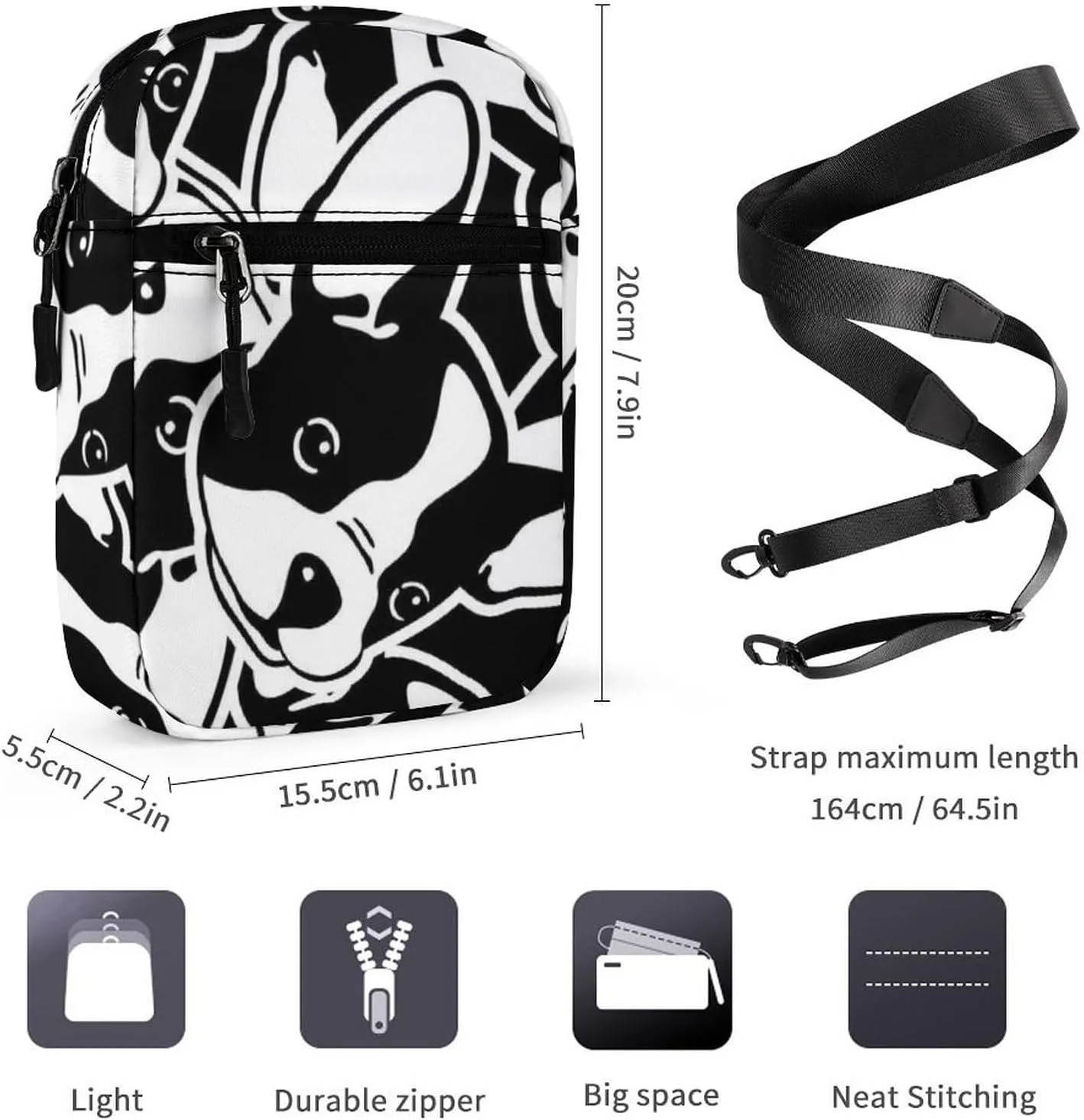 Seamless Black White Doodle Dog Head French Bulldog Puppy Face Adjustable Fanny Waist Pack Pouch, Waterproof Crossbody Runners Bag Wallet for Gym Hiking Fitness Women Men 6.1 x 2.2 x 7.9 inch