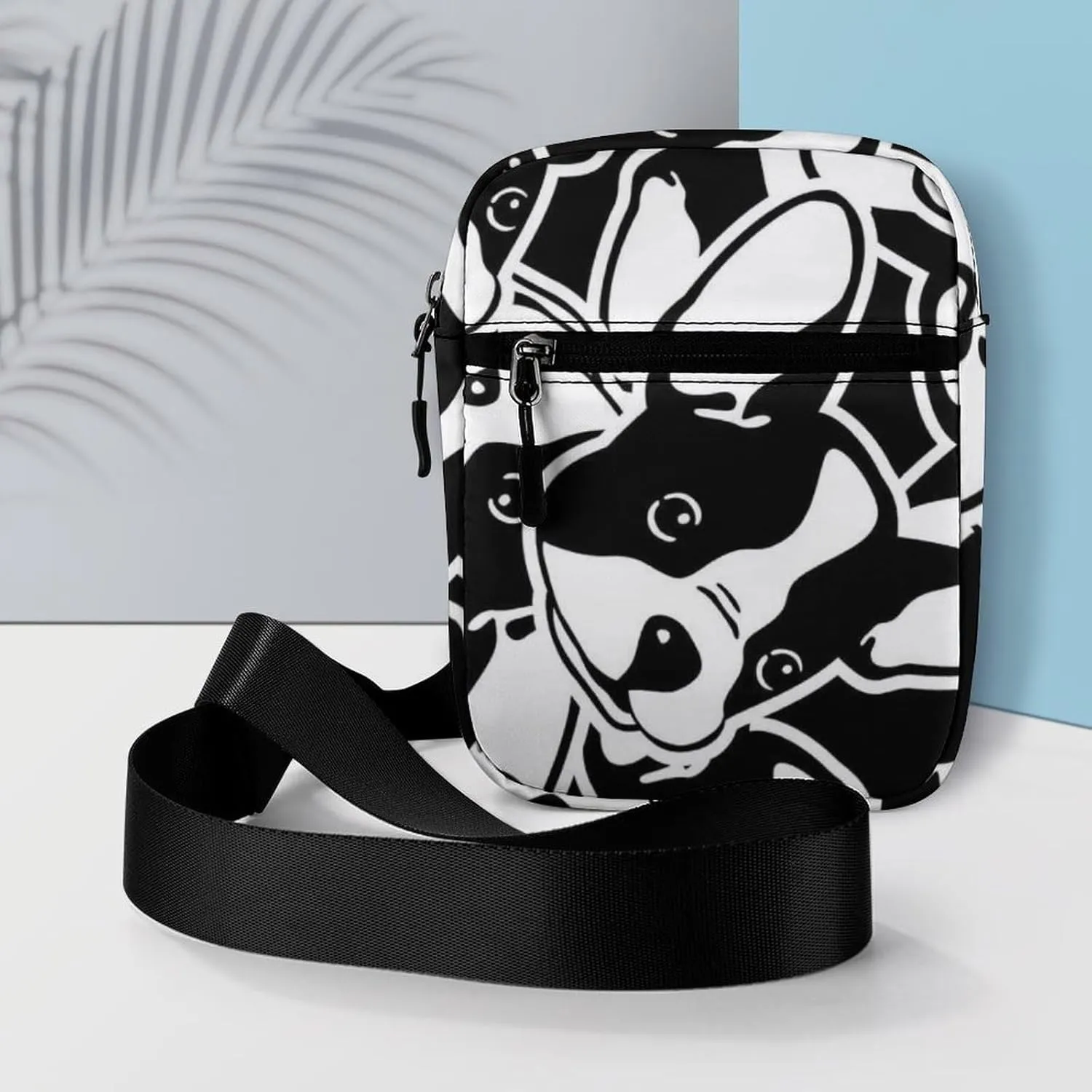 Seamless Black White Doodle Dog Head French Bulldog Puppy Face Adjustable Fanny Waist Pack Pouch, Waterproof Crossbody Runners Bag Wallet for Gym Hiking Fitness Women Men 6.1 x 2.2 x 7.9 inch
