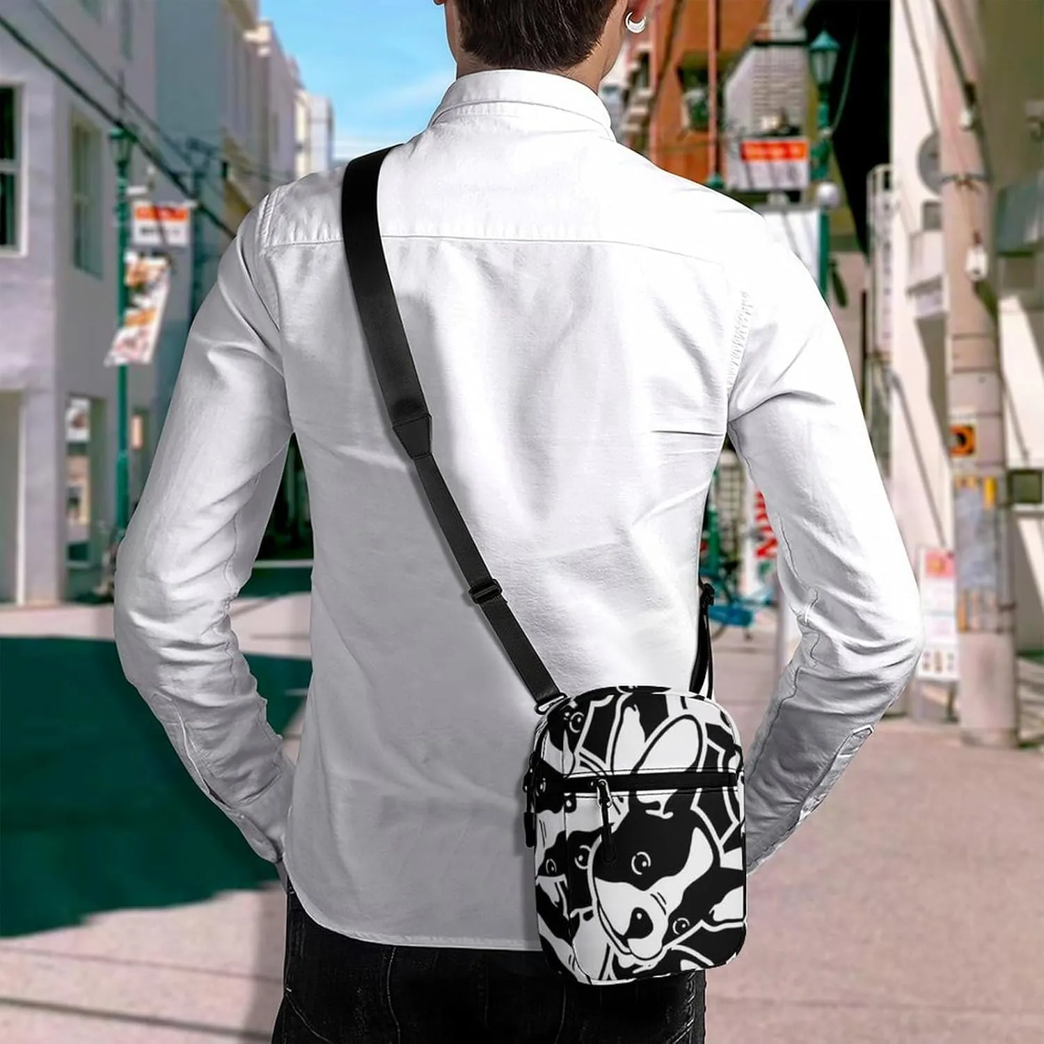 Seamless Black White Doodle Dog Head French Bulldog Puppy Face Adjustable Fanny Waist Pack Pouch, Waterproof Crossbody Runners Bag Wallet for Gym Hiking Fitness Women Men 6.1 x 2.2 x 7.9 inch