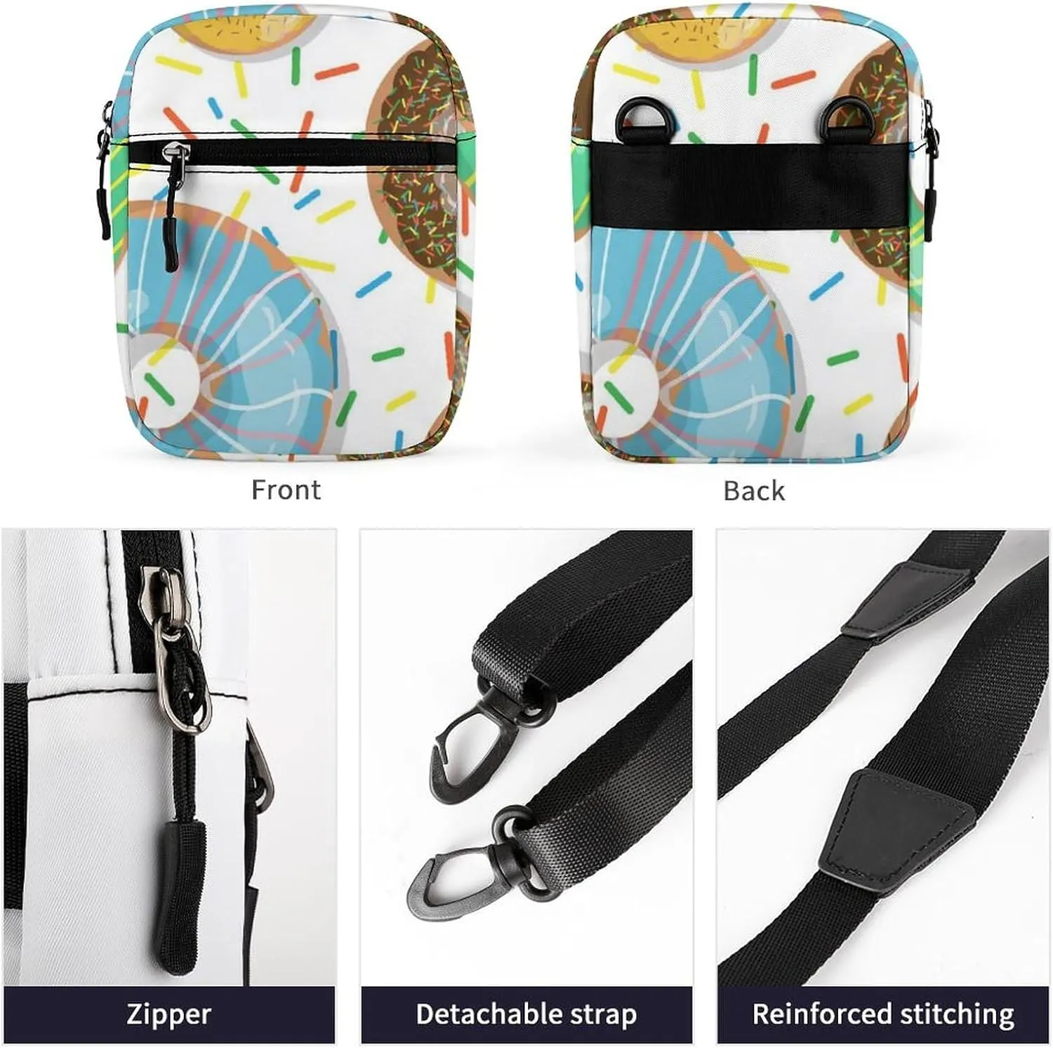 Seamless Colorful Donuts and Sweets Dots Doughnuts on White Adjustable Fanny Waist Pack Pouch, Waterproof Crossbody Runners Bag Wallet for Gym Hiking Fitness Women Men 6.1 x 2.2 x 7.9 inch