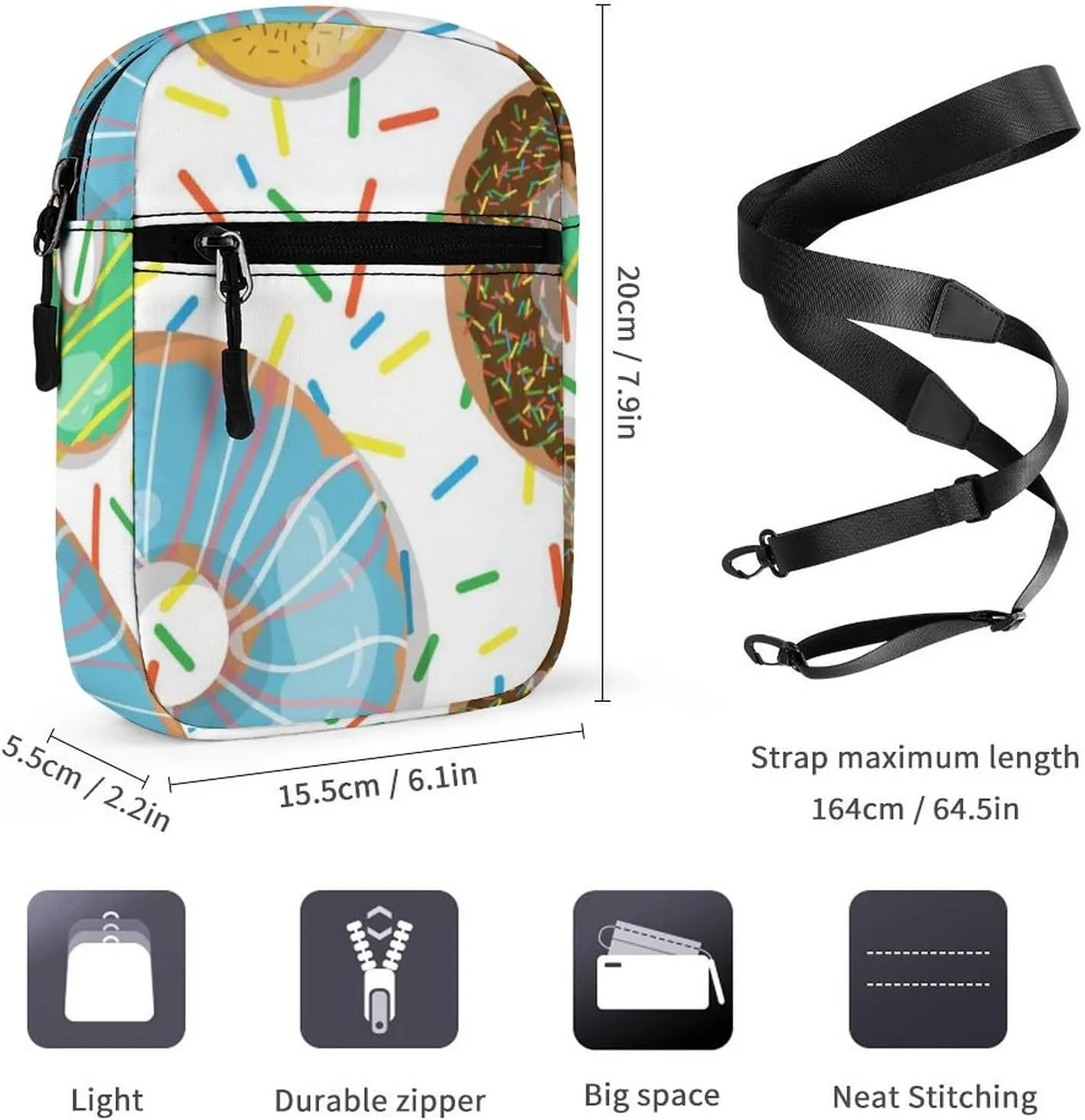 Seamless Colorful Donuts and Sweets Dots Doughnuts on White Adjustable Fanny Waist Pack Pouch, Waterproof Crossbody Runners Bag Wallet for Gym Hiking Fitness Women Men 6.1 x 2.2 x 7.9 inch
