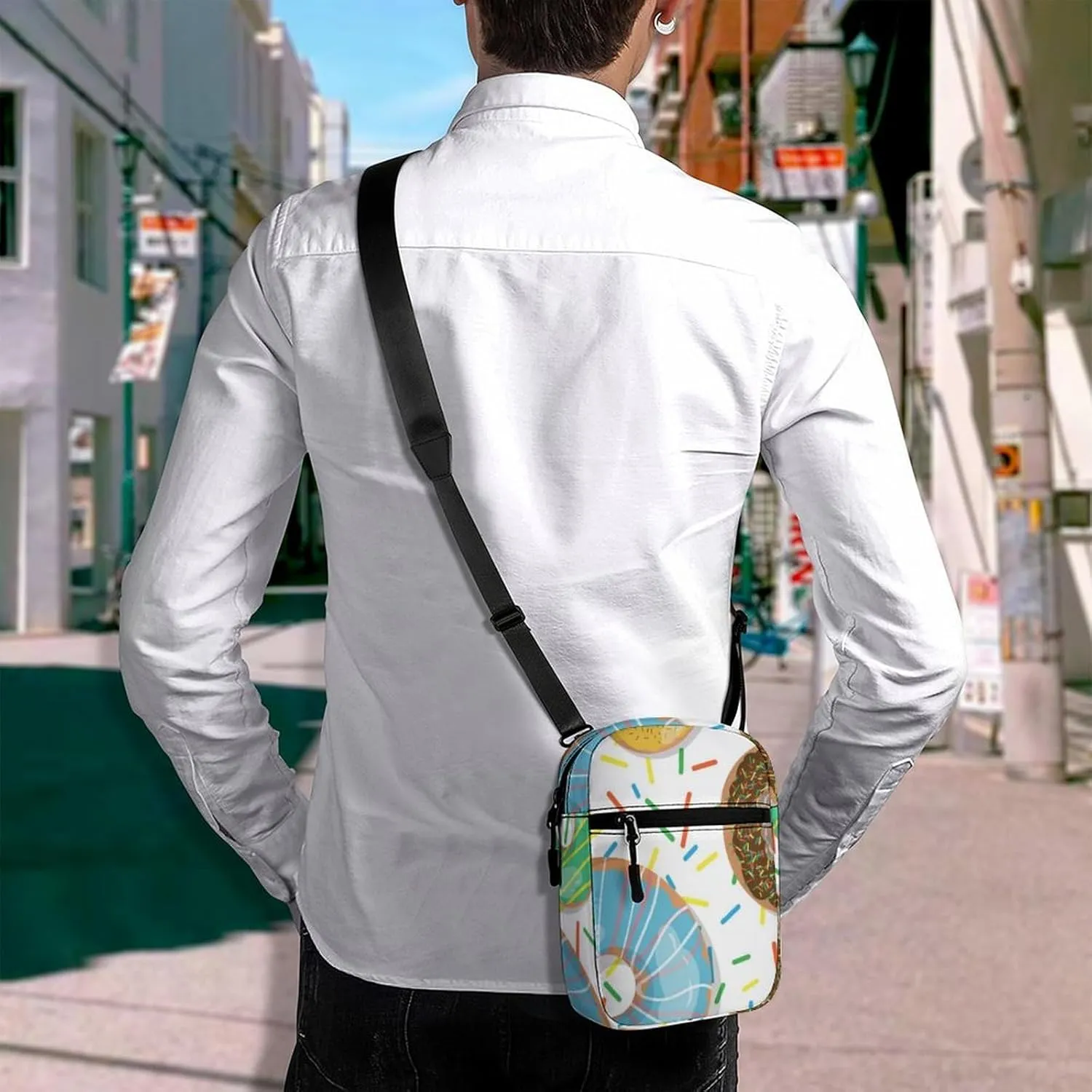 Seamless Colorful Donuts and Sweets Dots Doughnuts on White Adjustable Fanny Waist Pack Pouch, Waterproof Crossbody Runners Bag Wallet for Gym Hiking Fitness Women Men 6.1 x 2.2 x 7.9 inch