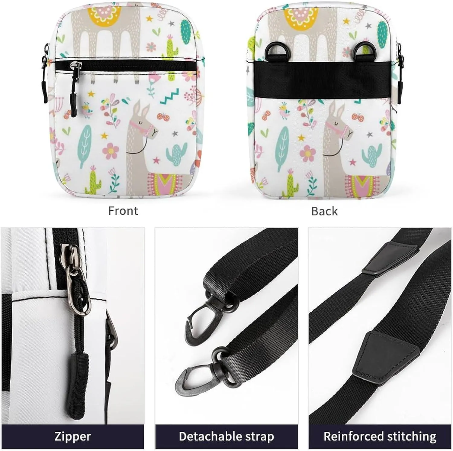 Seamless Colorful Tribal Ethnic Llama, Cactus Cacti on White Adjustable Fanny Waist Pack Pouch, Waterproof Crossbody Runners Bag Wallet for Gym Hiking Fitness Women Men 6.1 x 2.2 x 7.9 inch