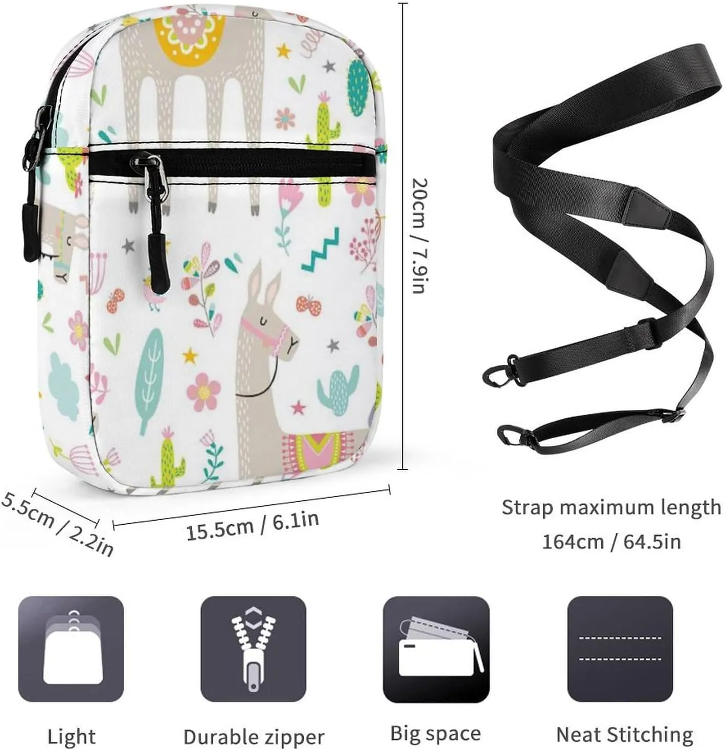 Seamless Colorful Tribal Ethnic Llama, Cactus Cacti on White Adjustable Fanny Waist Pack Pouch, Waterproof Crossbody Runners Bag Wallet for Gym Hiking Fitness Women Men 6.1 x 2.2 x 7.9 inch