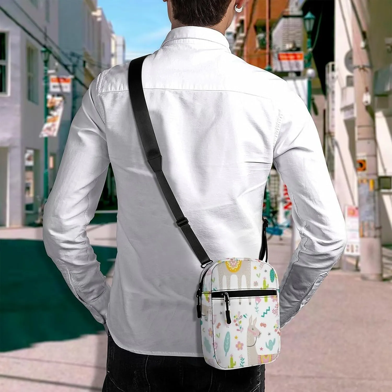 Seamless Colorful Tribal Ethnic Llama, Cactus Cacti on White Adjustable Fanny Waist Pack Pouch, Waterproof Crossbody Runners Bag Wallet for Gym Hiking Fitness Women Men 6.1 x 2.2 x 7.9 inch
