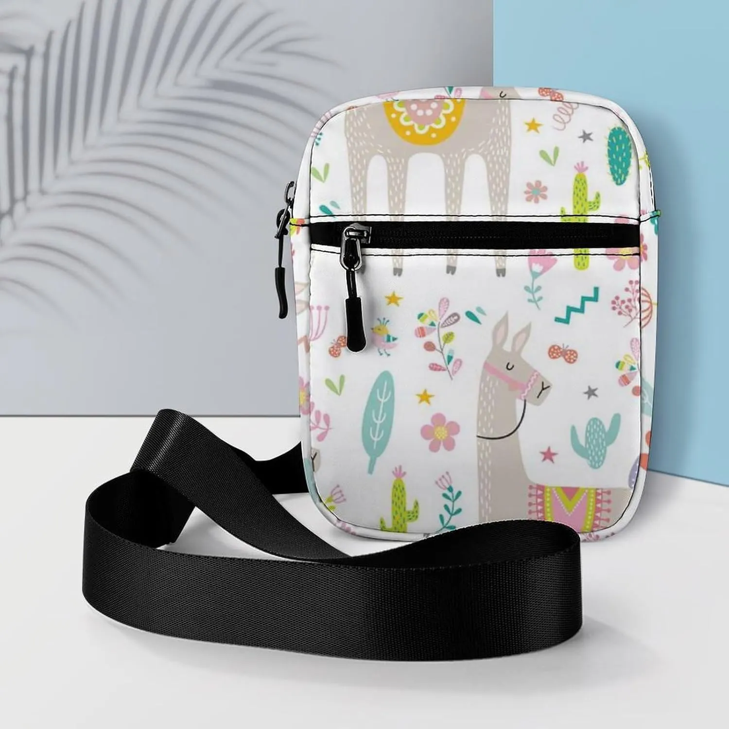 Seamless Colorful Tribal Ethnic Llama, Cactus Cacti on White Adjustable Fanny Waist Pack Pouch, Waterproof Crossbody Runners Bag Wallet for Gym Hiking Fitness Women Men 6.1 x 2.2 x 7.9 inch