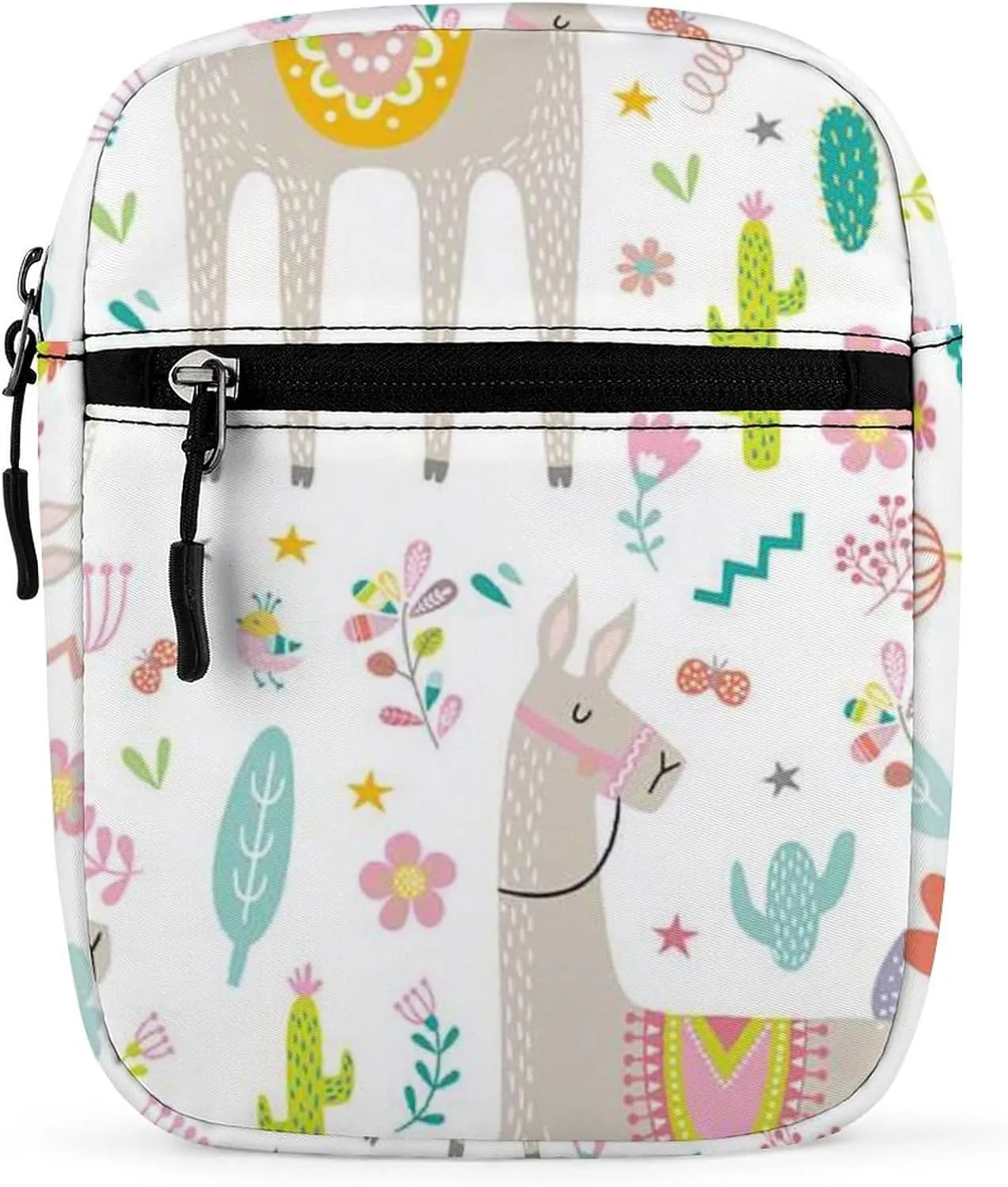 Seamless Colorful Tribal Ethnic Llama, Cactus Cacti on White Adjustable Fanny Waist Pack Pouch, Waterproof Crossbody Runners Bag Wallet for Gym Hiking Fitness Women Men 6.1 x 2.2 x 7.9 inch