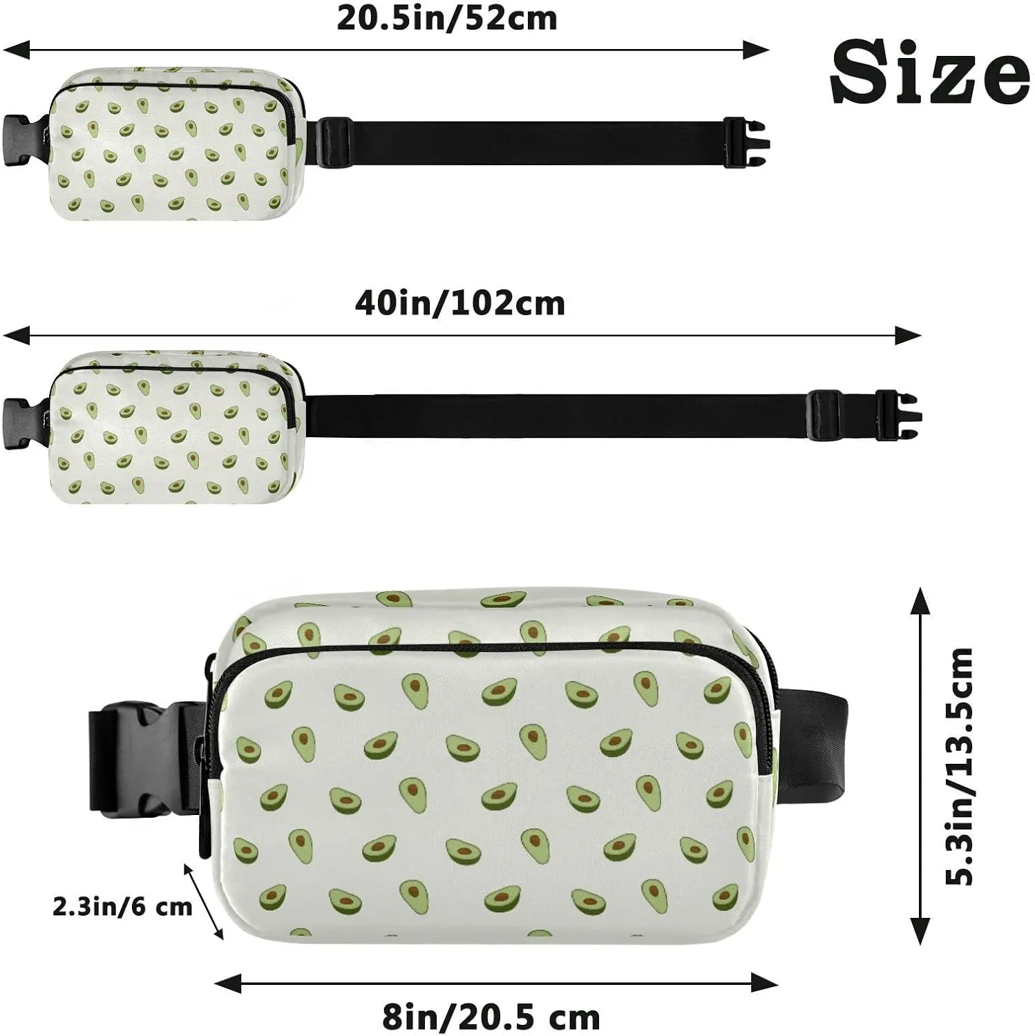 Seamless Green Avocado with Brown Seed Background Adjustable Belt Running Bag, Crossbody Fanny Pack Waist Runners Bag Tote for Women Men Sports Hiking Fitness Exercise Gym Pouch