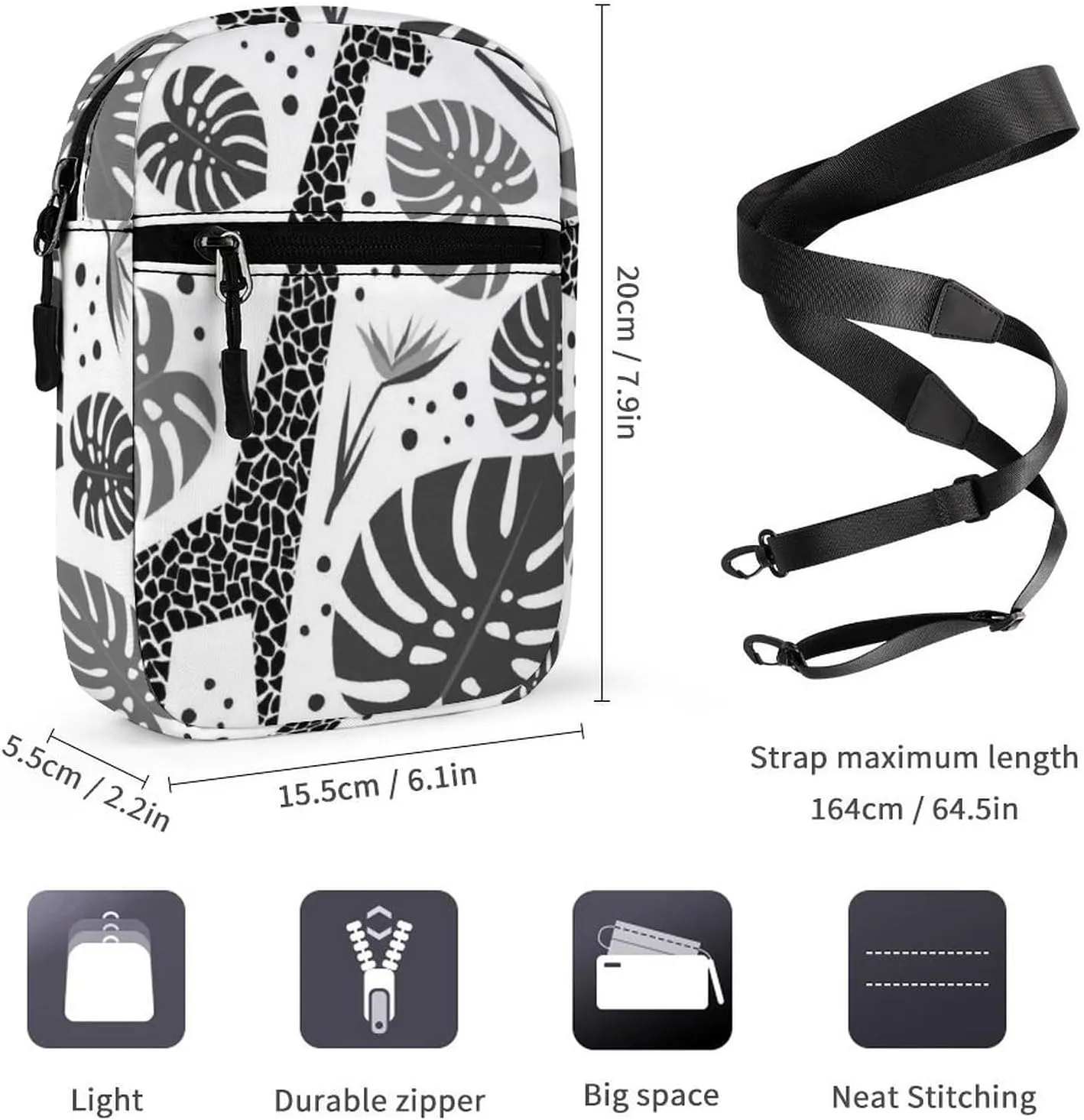 Seamless Jungle Animals Giraffe, Toucan, Tropical Plants Palm Leaves Adjustable Fanny Waist Pack Pouch, Waterproof Crossbody Runners Bag Wallet for Gym Hiking Fitness Women Men 6.1 x 2.2 x 7.9 inch