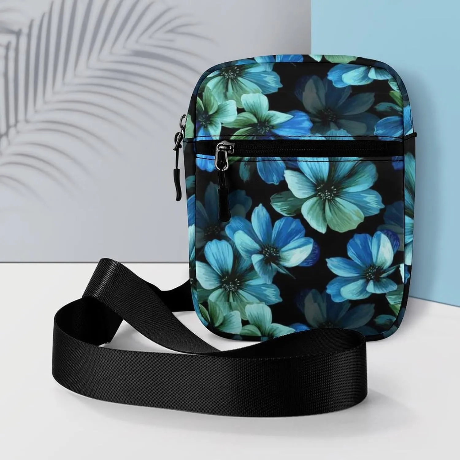 Seamless Mysterious Beautiful Blue Turquoise Flowers on Black Adjustable Fanny Waist Pack Pouch, Waterproof Crossbody Runners Bag Wallet for Gym Hiking Fitness Women Men 6.1 x 2.2 x 7.9 inch