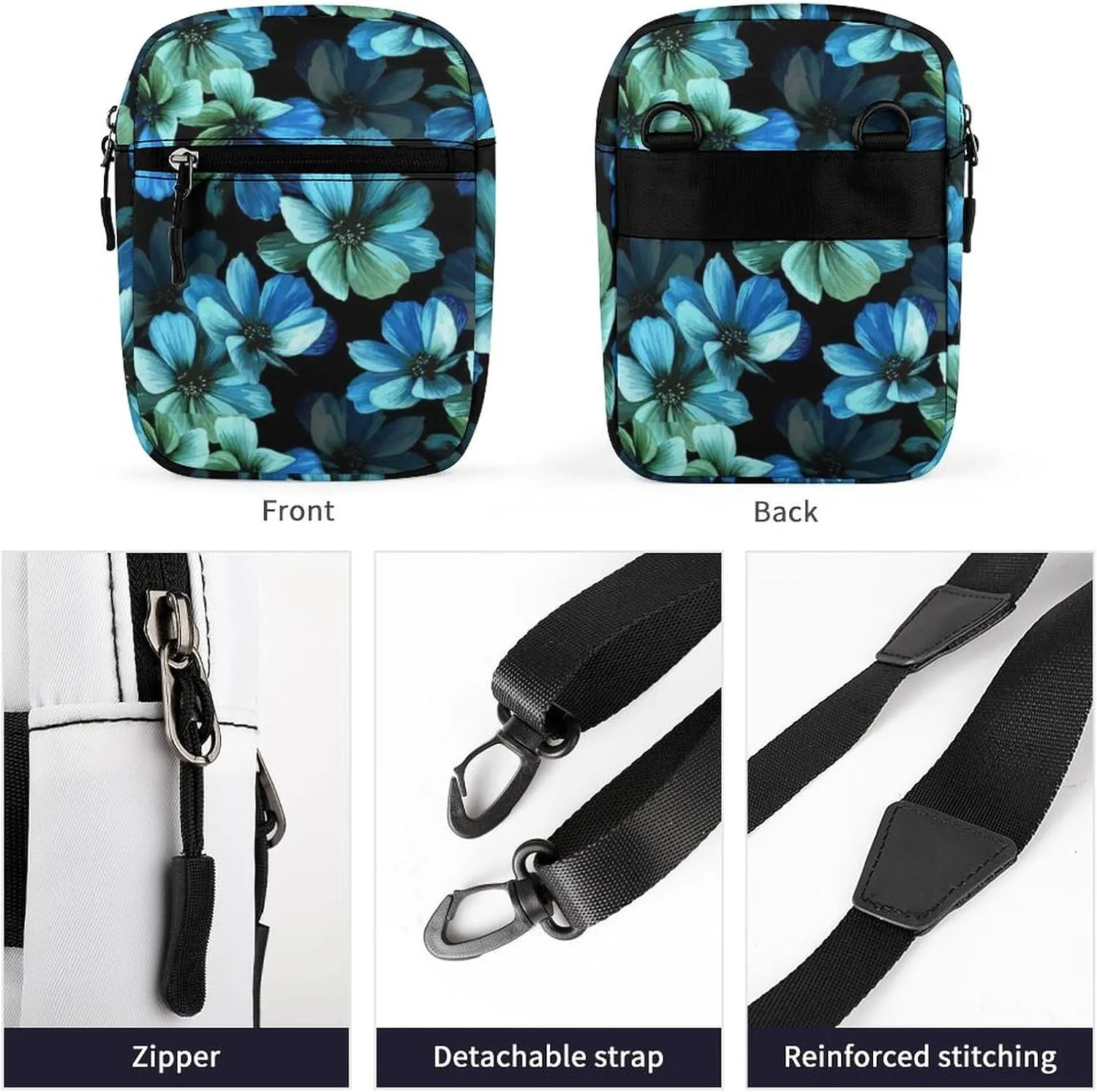 Seamless Mysterious Beautiful Blue Turquoise Flowers on Black Adjustable Fanny Waist Pack Pouch, Waterproof Crossbody Runners Bag Wallet for Gym Hiking Fitness Women Men 6.1 x 2.2 x 7.9 inch